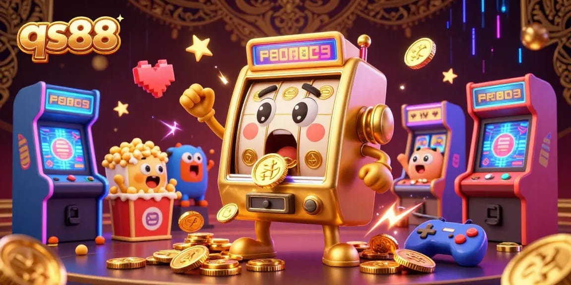 Experience the excitement of qs88 as a golden slot machine wins a jackpot, surrounded by festive gaming elements.