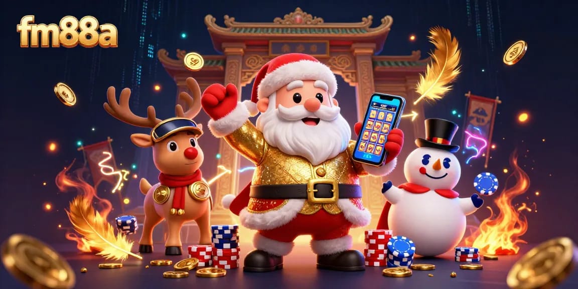 Win big with fm88a at this vibrant casino scene featuring Santa and friends!