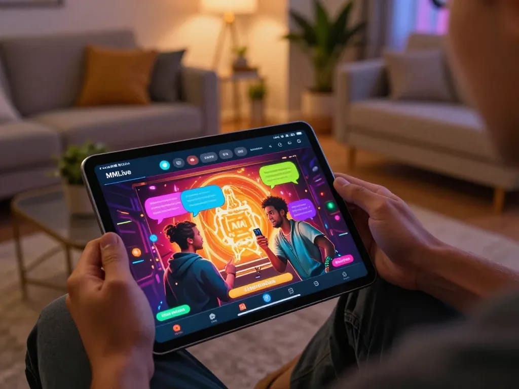 MMLive user engaging in live streaming gaming with vibrant interactive elements
