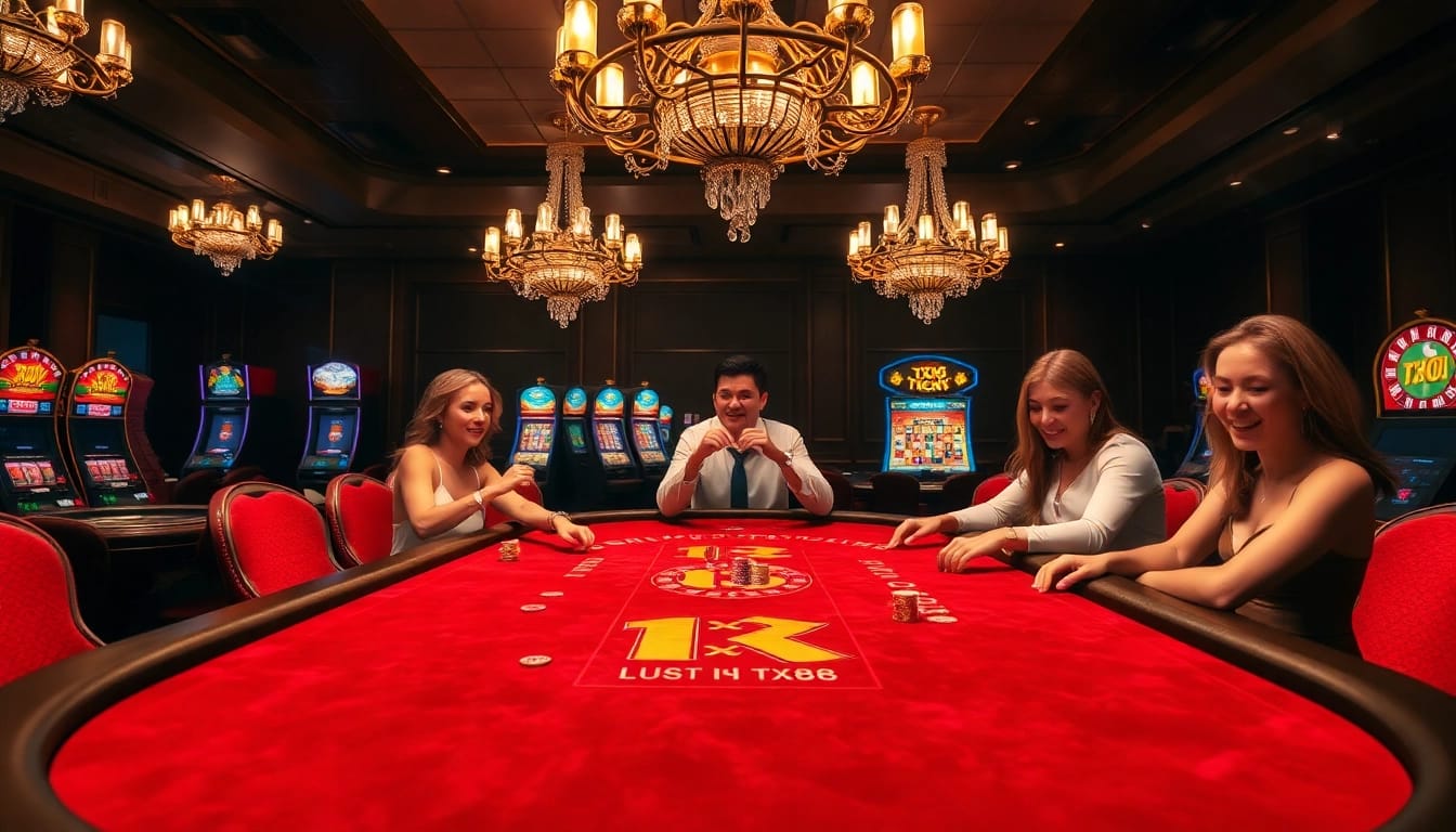 Experience the thrill of TX88 at an elegant casino table filled with vibrant poker chips.