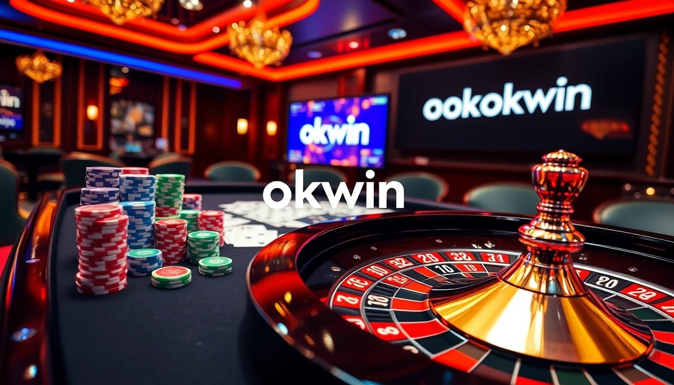 Experience exciting online gambling action with a vibrant casino setting featuring okwin logo and gaming elements.