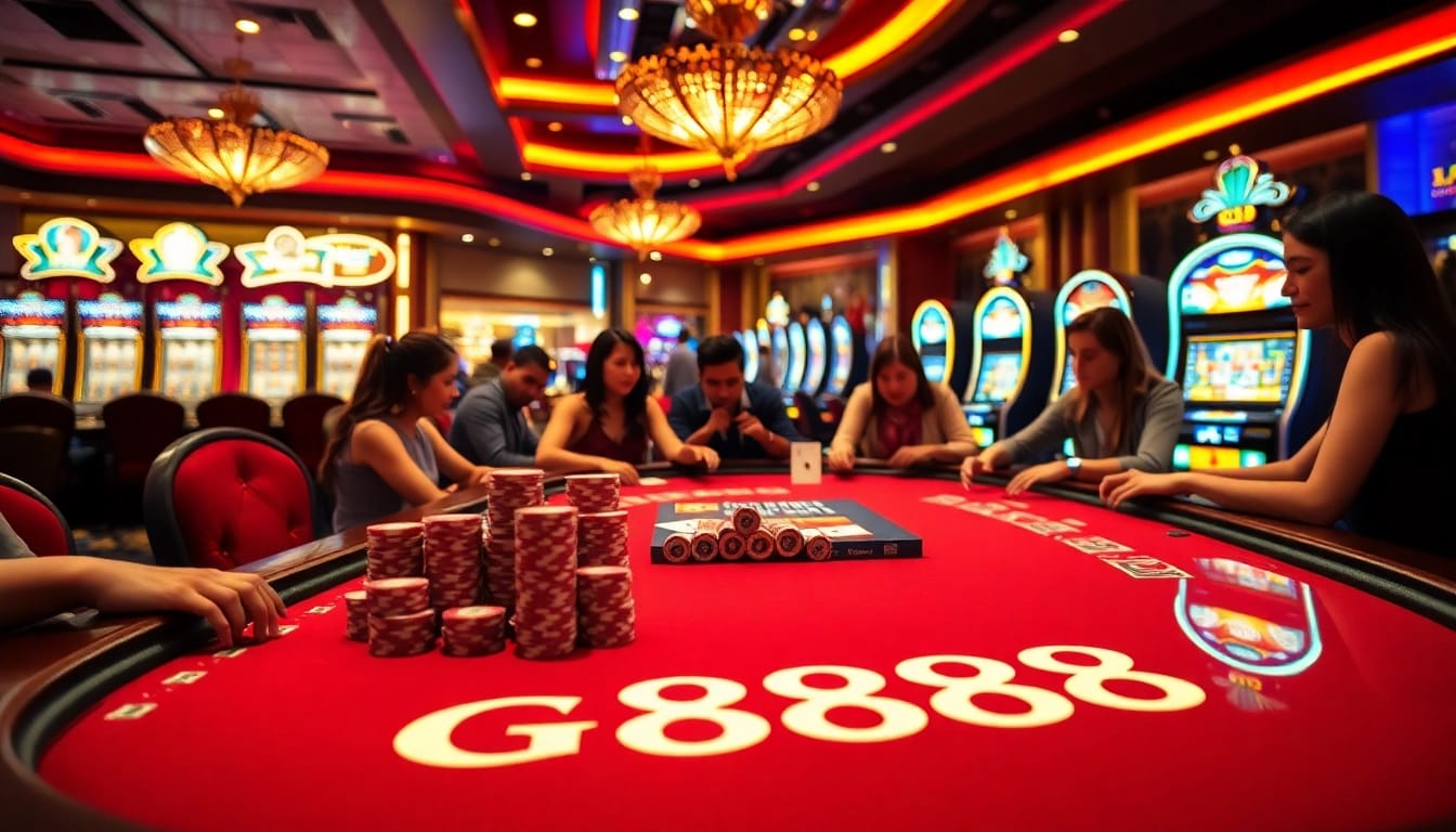 GA888 gaming table featuring enthusiastic players and vibrant poker chips.