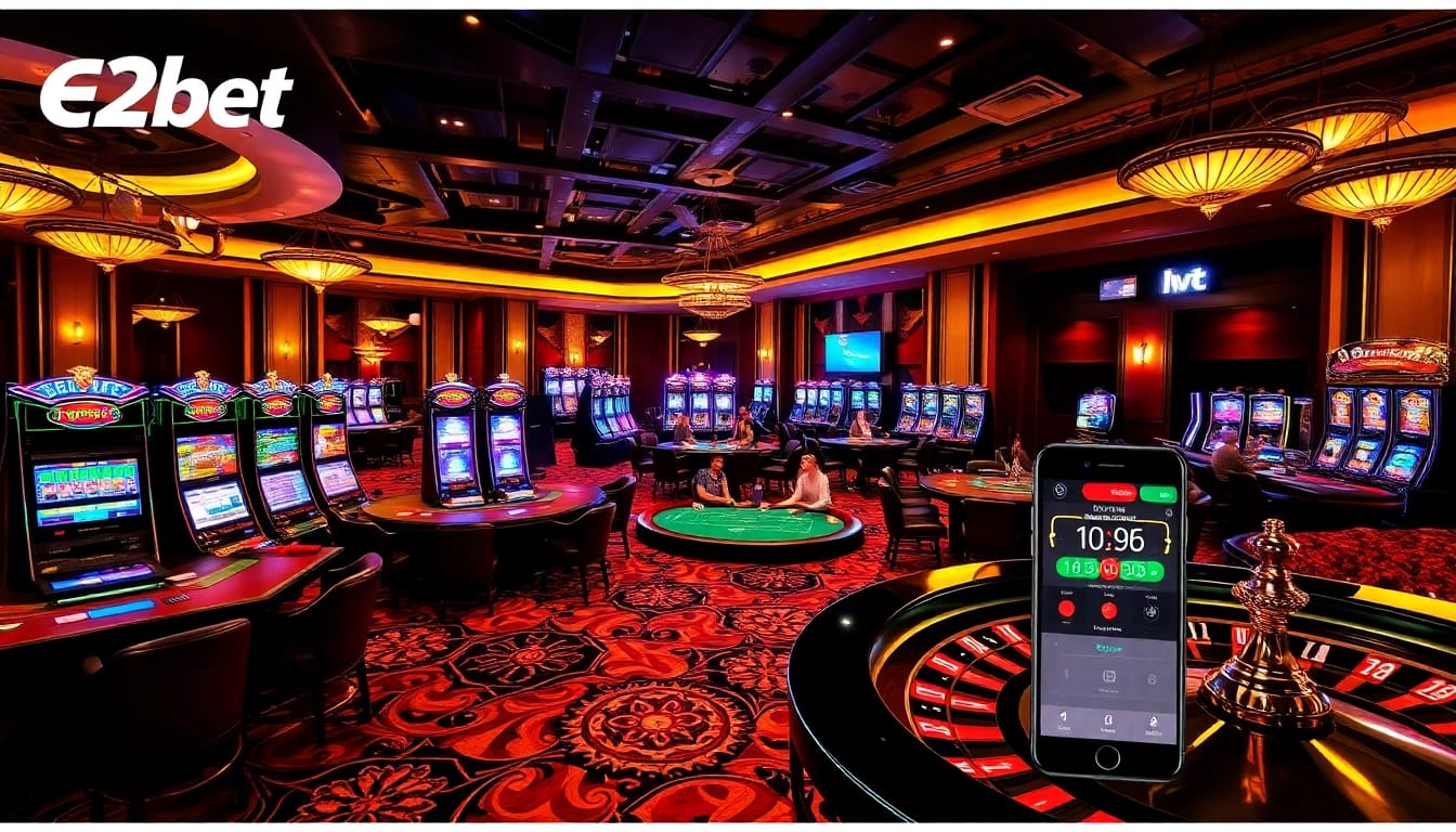Experience E2bet's luxurious casino offerings with vibrant gaming tables and exciting slot machines.