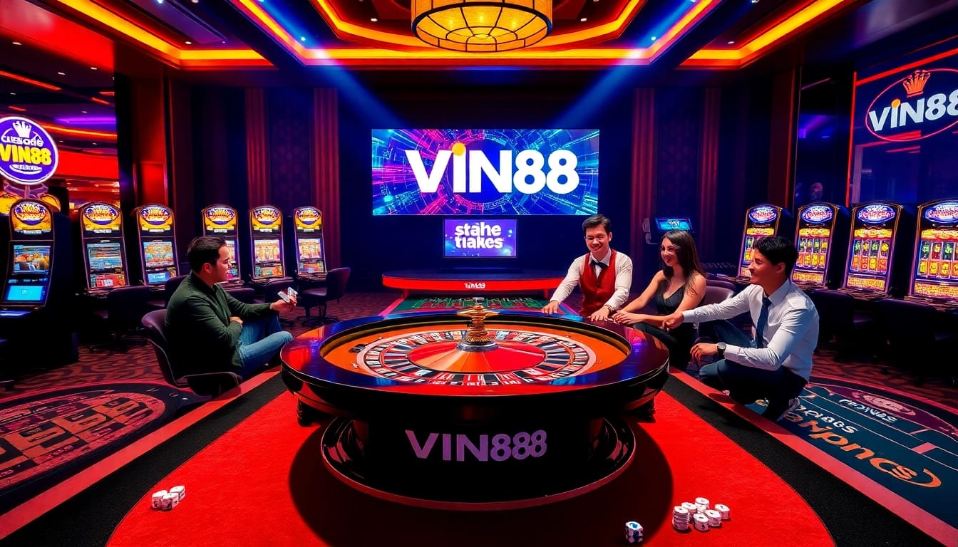 Players enjoying a thrilling game at a VIN88 casino table with vibrant lights and poker chips.