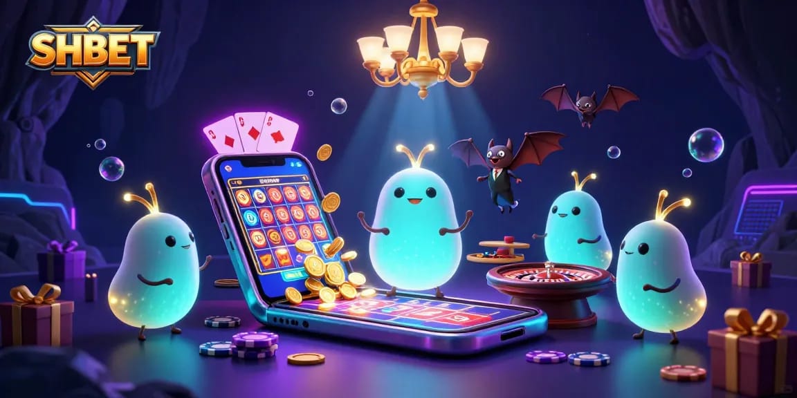 Experience the thrilling SHBET casino with vibrant glowworms lighting up a dynamic gaming scene.