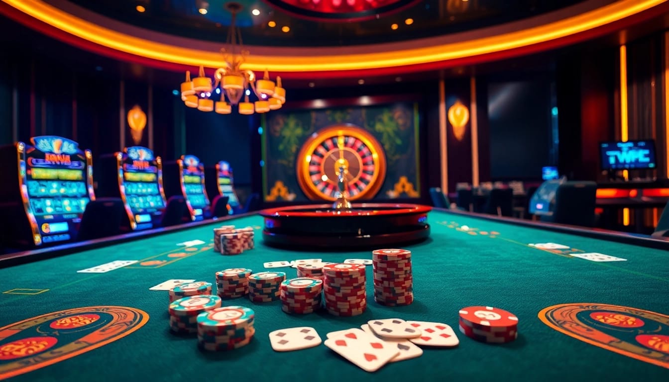 Experience the excitement of Nhà cái uy tín f8bet with a stylish gambling scene, showcasing casino tables and vibrant slot machines.
