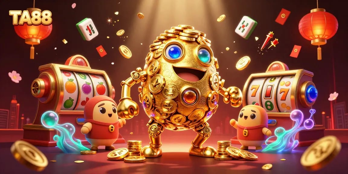 Engage with the dynamic TA88 casino scene featuring a golden golem and spinning slots.