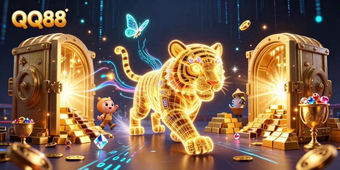 Experience the exciting gameplay of QQ88 in a vibrant digital casino scene filled with treasures and energy.