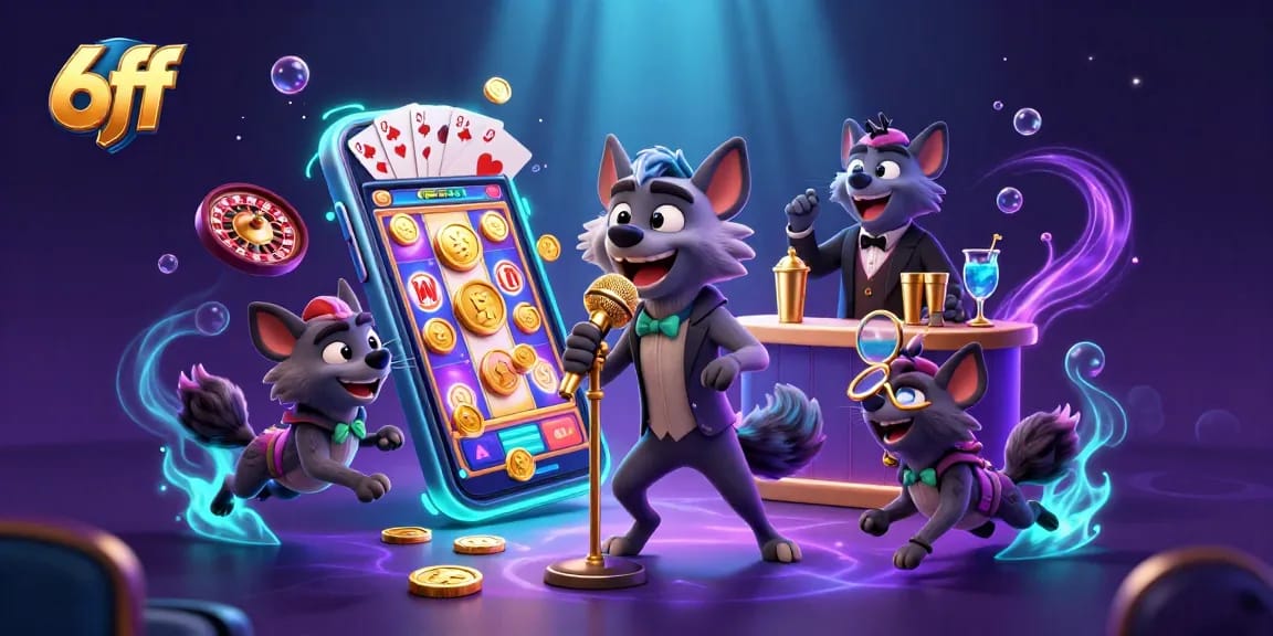 Hyenas entertain at 6ff casino, showcasing vibrant slot games and a glowing, immersive atmosphere.