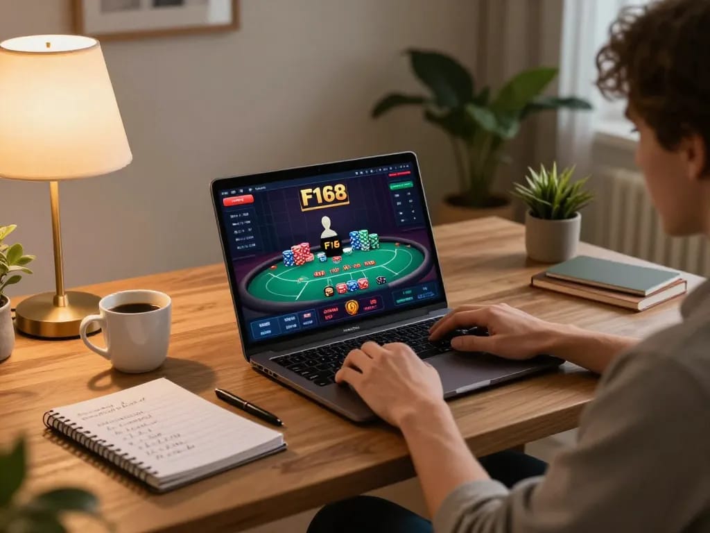 Player actively engaging with F168 online casino from a cozy home setup, showcasing poker interface and gaming strategy.
