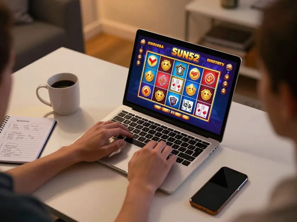 Engaging online gaming experience on Sun52 with player using laptop at home.