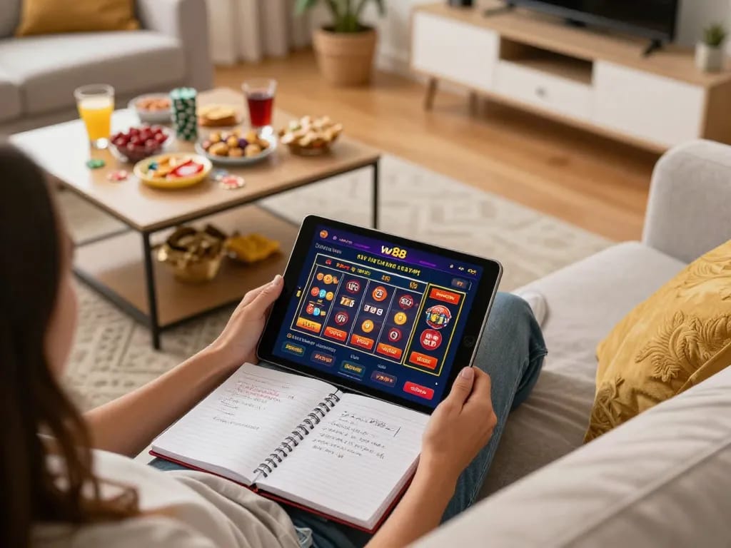 Player engaging with ww88 online casino on a tablet in a cozy home setting, showcasing responsible gaming atmosphere.