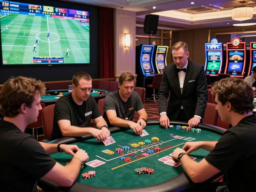 Exciting casino scene with players engaging at man88 blackjack table.