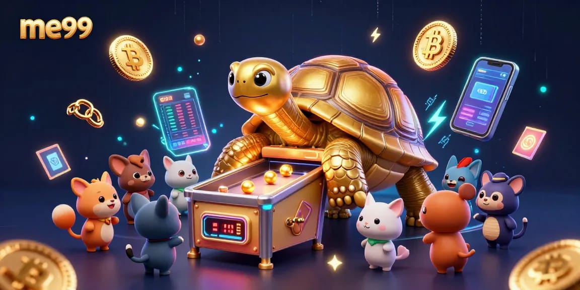 Experience thrilling me99 gaming with a colossal tortoise pinball machine and vibrant crypto displays.
