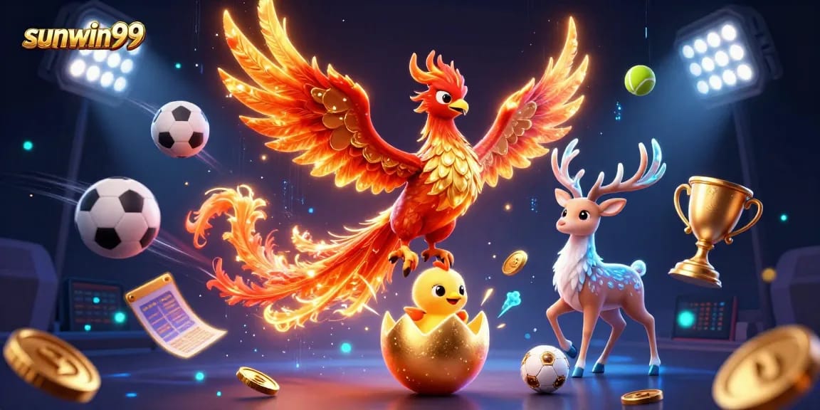 Experience sunwin99 thrills with a dynamic casino scene featuring phoenixes and sports elements.