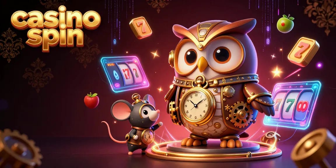 Experience thrilling casino spin action with a time-traveler owl in this dynamic illustration.