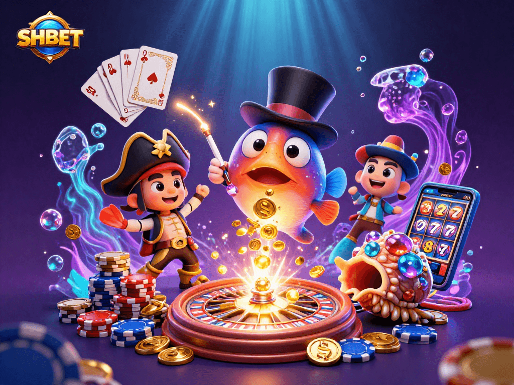SHBET's captivating casino scene with anglerfish and golden coins, showcasing thrilling gaming elements.