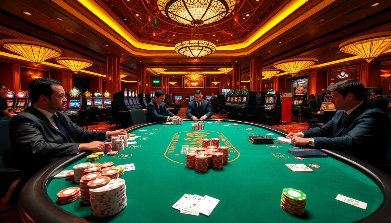 Engaged players at the trang chủ thabet casino experiencing excitement at a poker table.