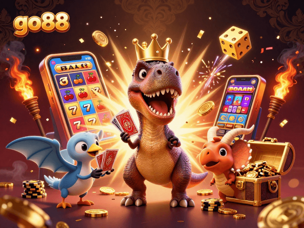Experience the excitement of go88 with cartoon characters enjoying card games and jackpots in a vibrant casino setting.