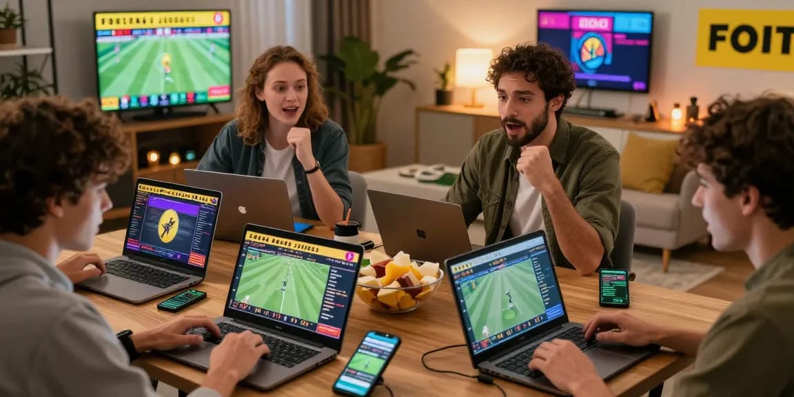 Excited players enjoying Fortuna Juegos online sports betting experience with colorful screens and dynamic atmosphere
