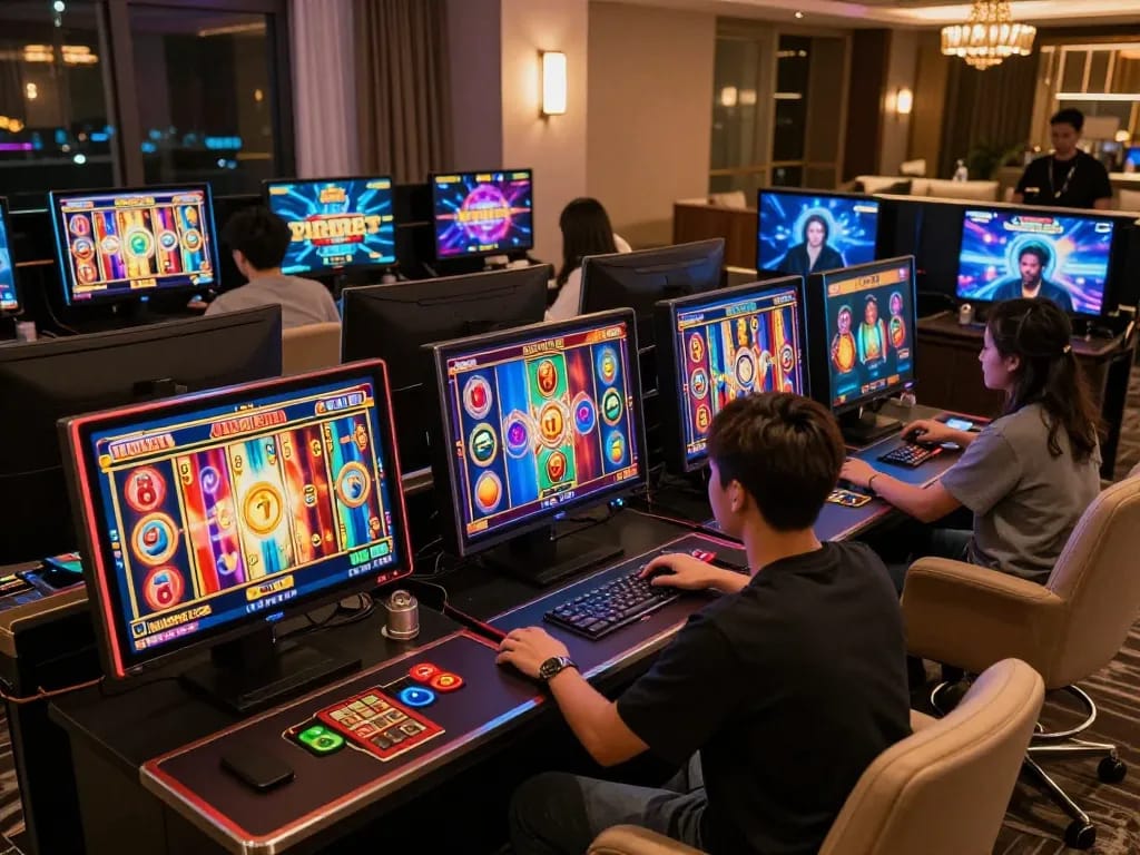 Players engaging with s666 online casino slot games on vibrant digital screens