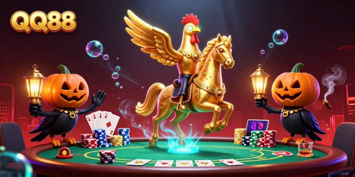 Engage in thrilling gameplay with QQ88's dynamic casino experience showcasing poker action and vibrant characters.