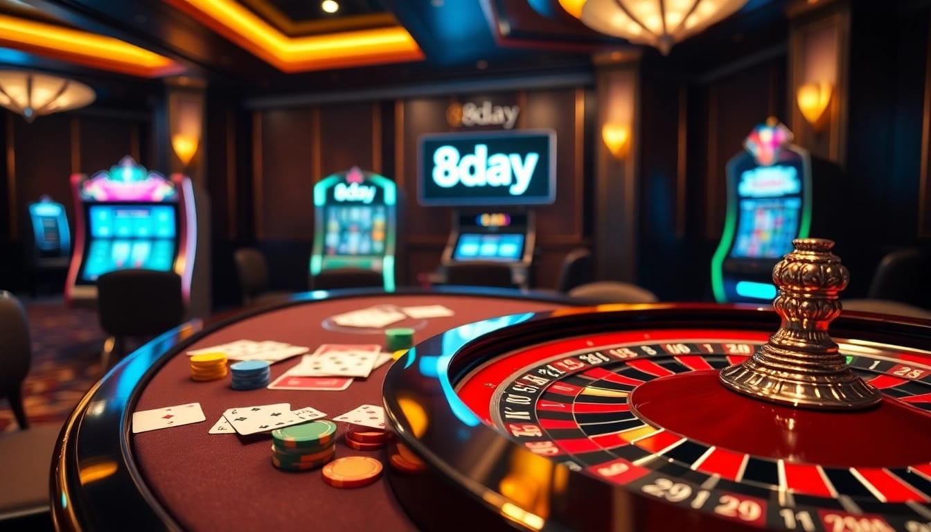 Gambling excitement at a casino table featuring 8day branding, vibrant chips, and a roulette wheel.