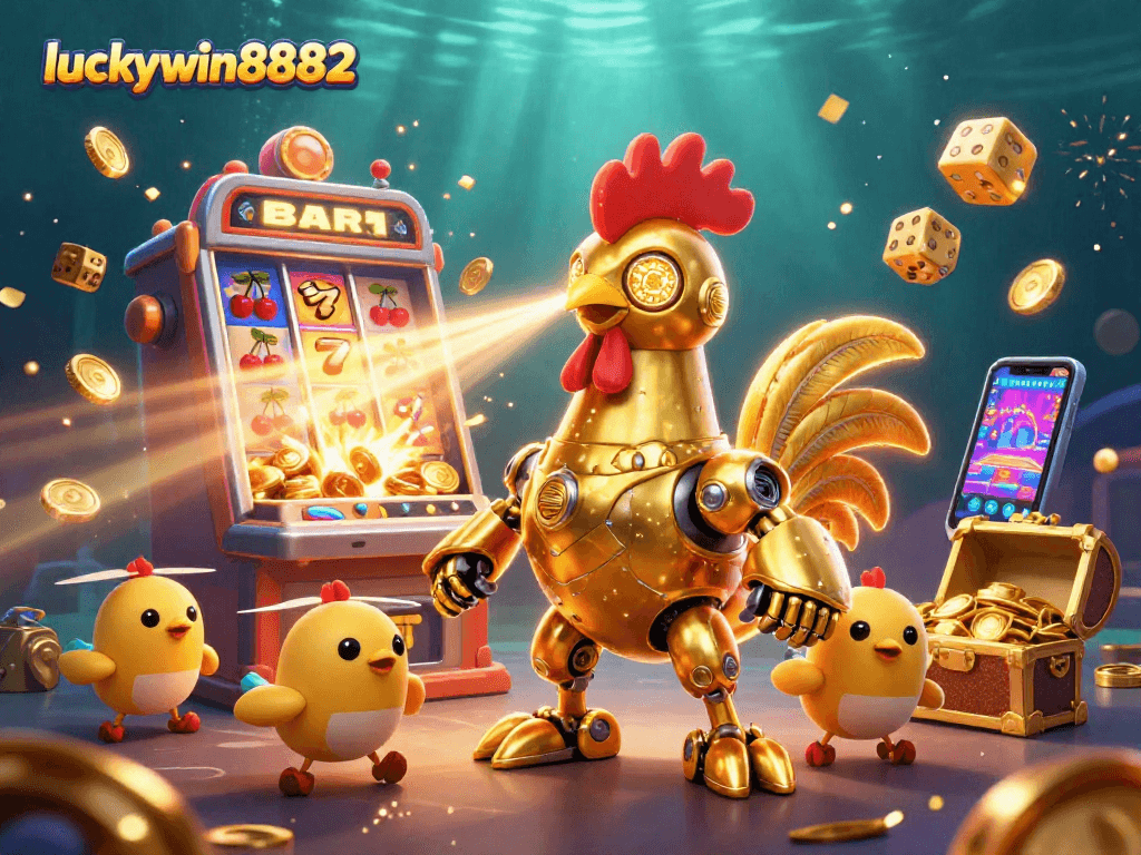 Play exciting games at luckywin8882 with a vibrant, animated scene showcasing a golden rooster robot and slot machine.