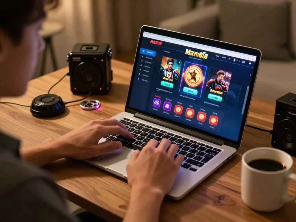 man88 online casino gaming setup with player at laptop and warm home ambiance