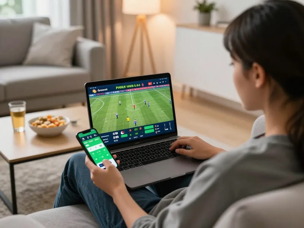 PHSKY player placing bets on a sports app while enjoying home comforts