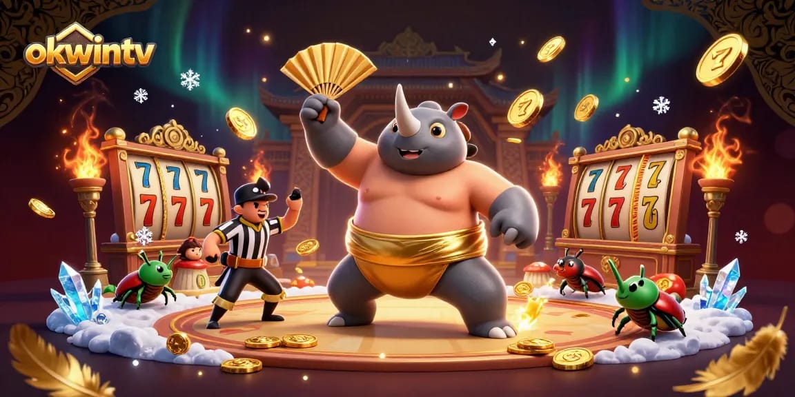 Experience thrilling jackpots with okwintv as a cartoon beetle champions dynamic play in a lively casino scene.