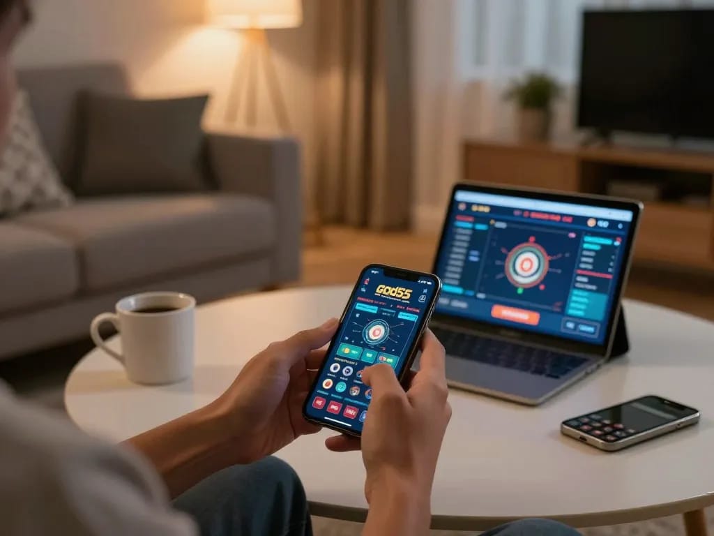 Player enjoying online gaming at home with the god55 app on their smartphone in a cozy environment.