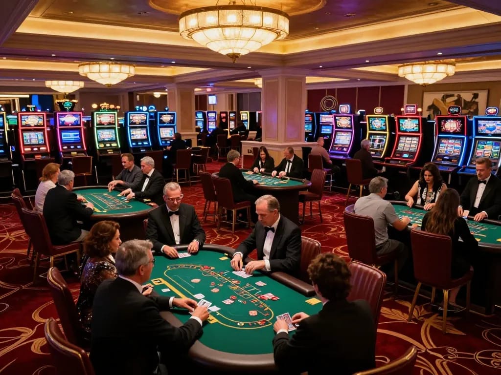 Players enjoying Fun88 while strategizing at a blackjack table in a luxurious casino environment.
