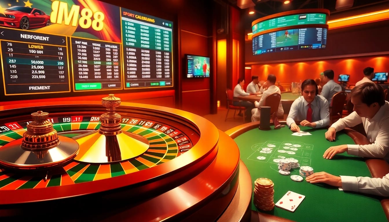 MM88 casino scene illustrating players enjoying poker and sports betting with dynamic game elements.