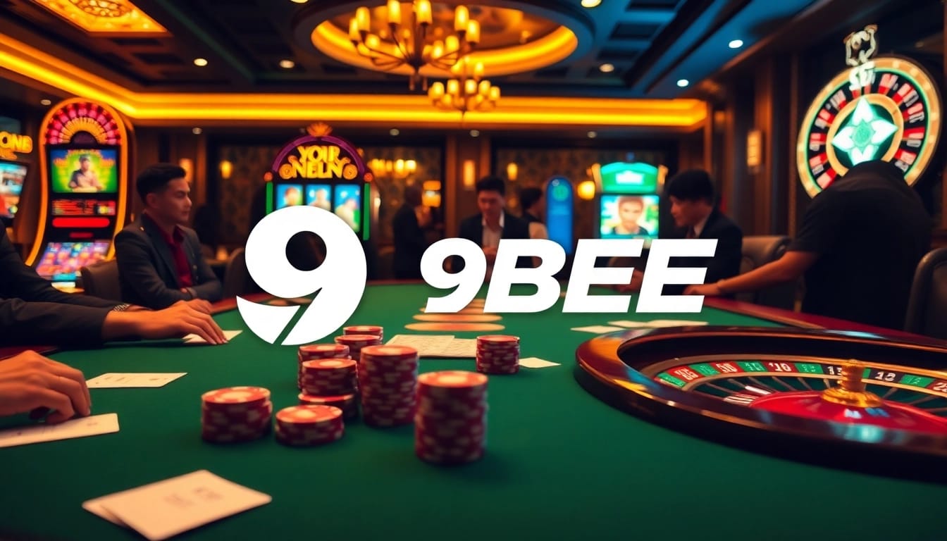 Players enjoying a thrilling poker game at 9BET's luxury casino table filled with chips and cards.