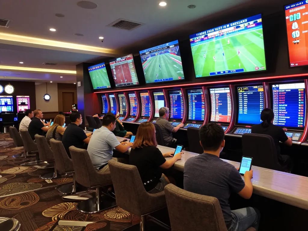 Excited bettors engaging with Lucky88 platform for online sports betting in a lively casino lounge.