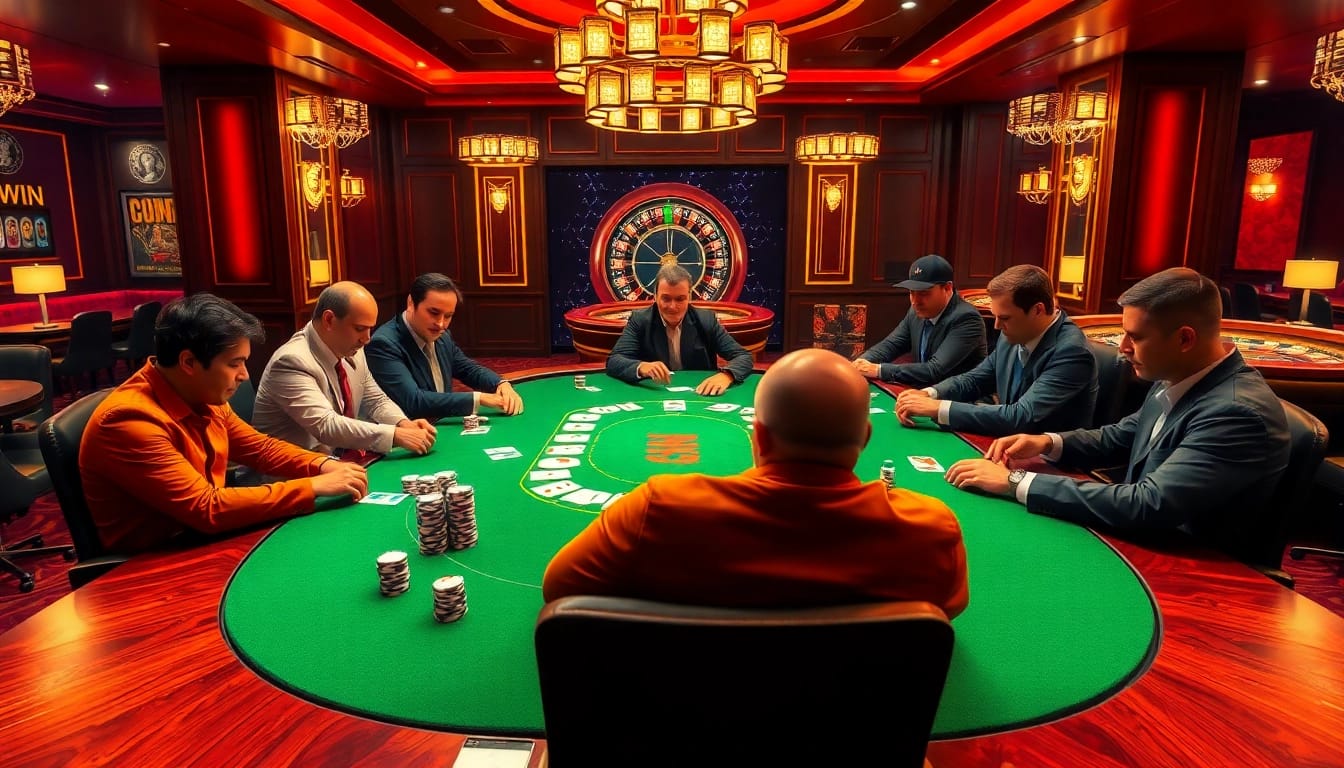 99WIN players engage in an exciting poker game at a luxurious casino table.