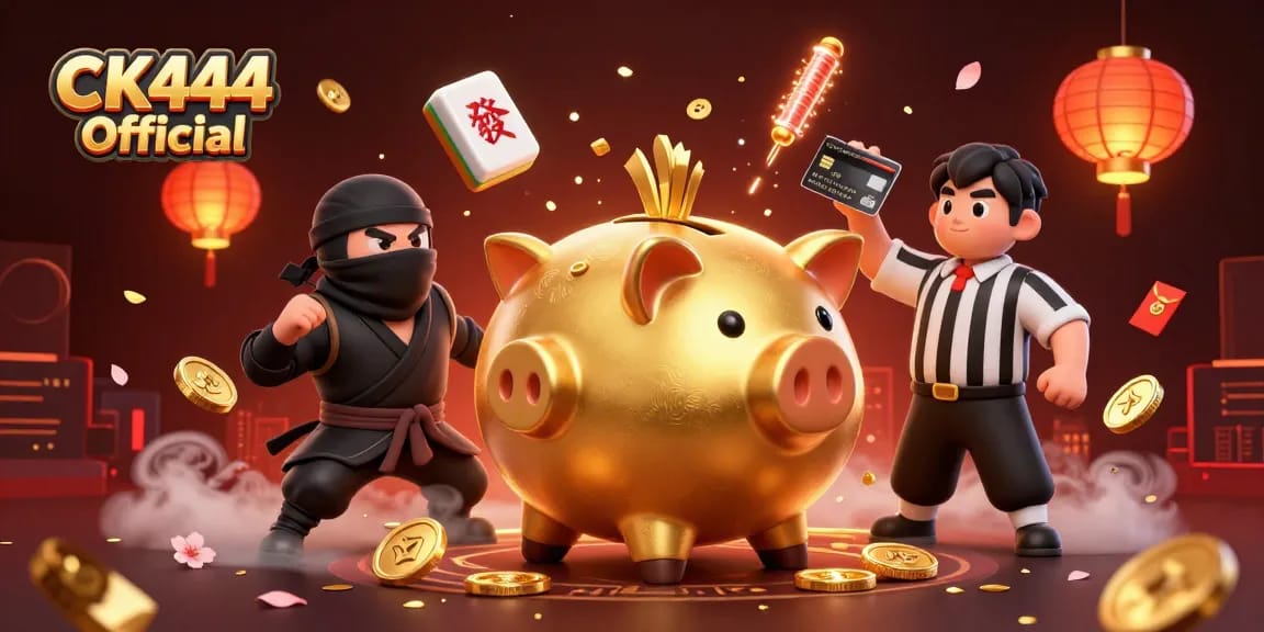 CK444 Official promotes gaming excitement with a sumo wrestler and ninja in a vibrant casino scene.