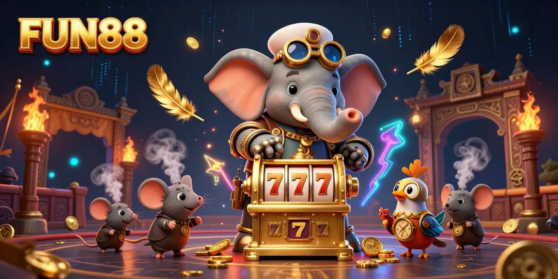 Experience FUN88's dynamic online casino with an engaging 3D steampunk scene featuring unique characters and game elements.