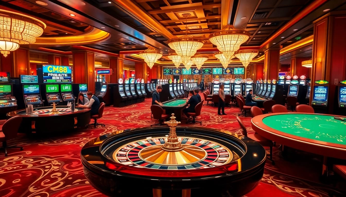 Experience the excitement of CM88 in a luxurious casino setting featuring roulette, poker, and slot machines.