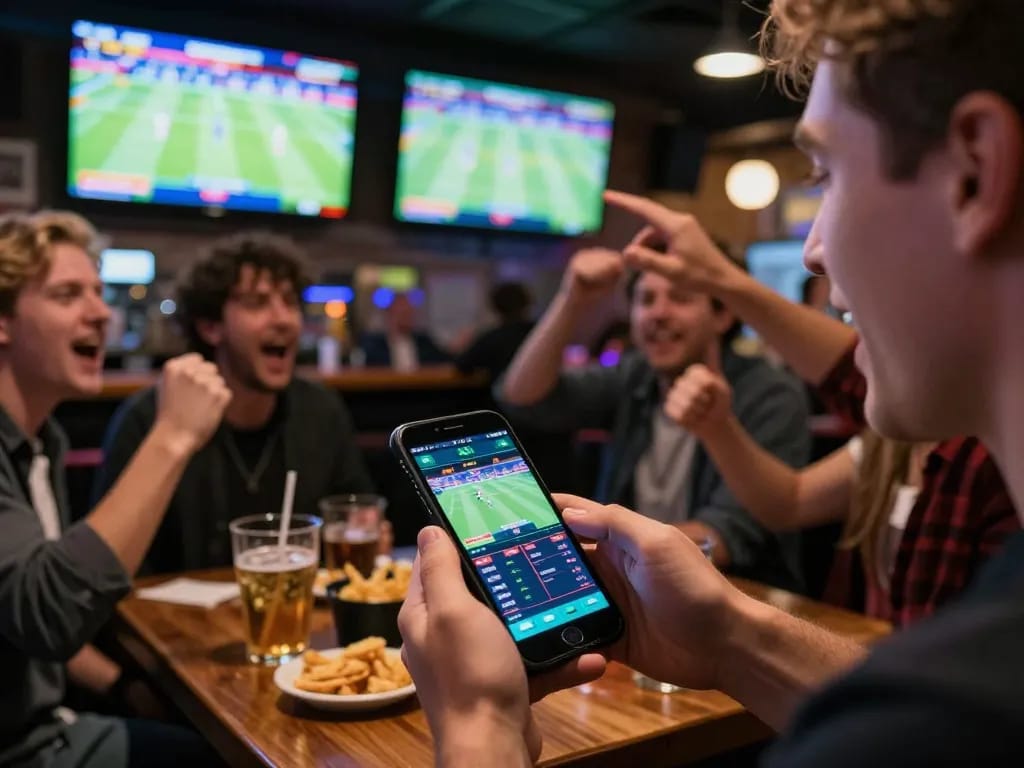 View of sports betting excitement while using BL555 app on smartphone.