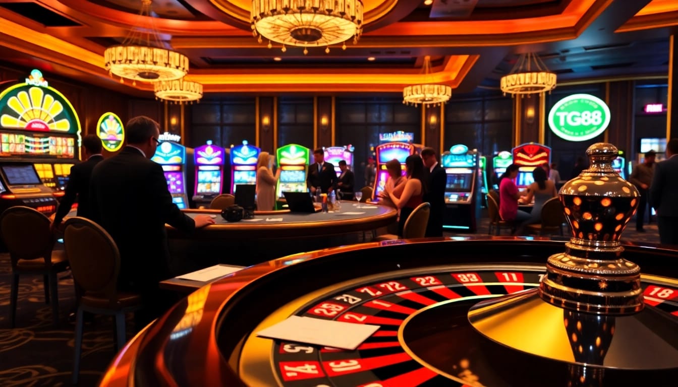 TG88 casino scene with vibrant slot machines, poker tables, and excited players enjoying the atmosphere.
