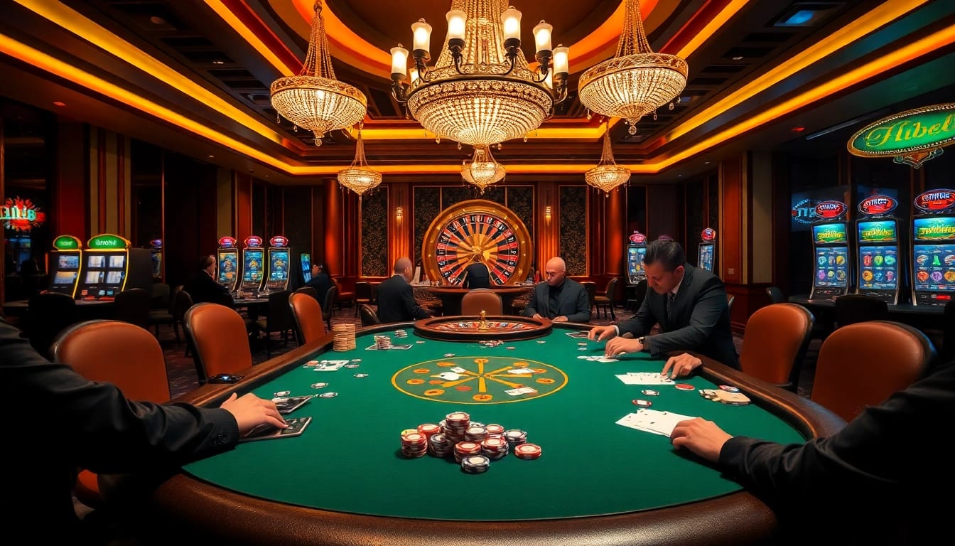 Experience the thrill of gaming at Hi88 with vibrant casino visuals showcasing poker tables and chips.