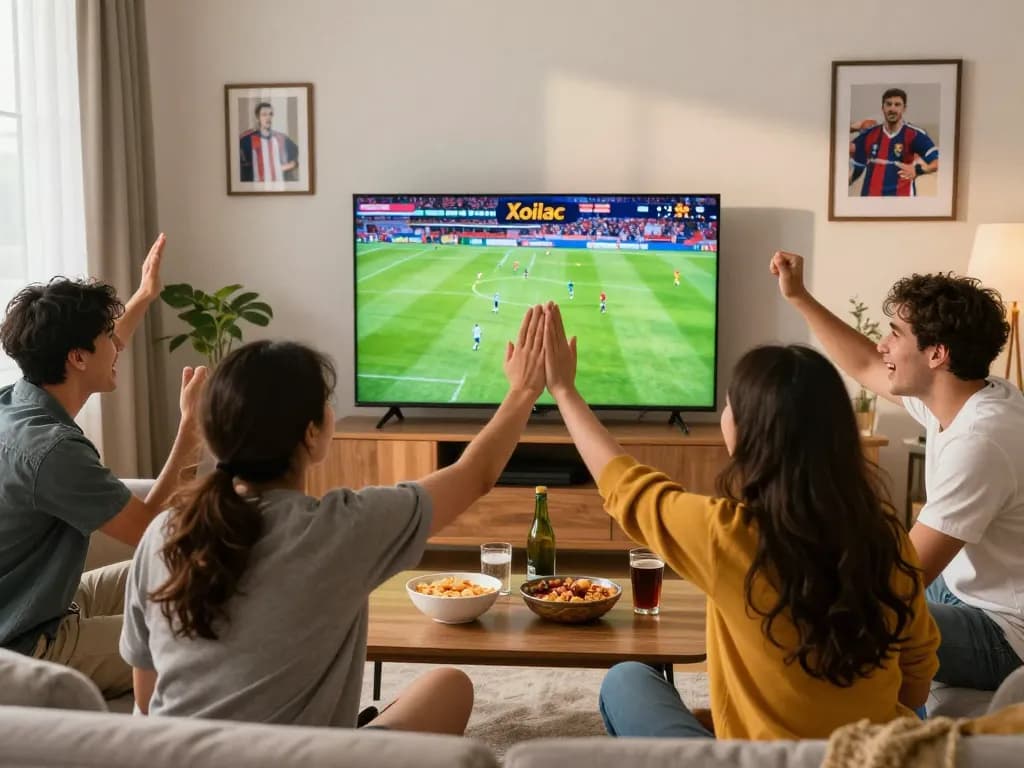 Xoilac live soccer streaming scene with friends enjoying a match together.