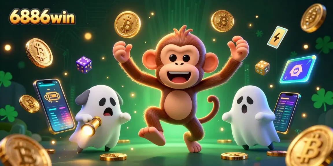 Engage in thrilling gameplay at 6886win with a vibrant haunted casino scene featuring a playful ghost monkey.