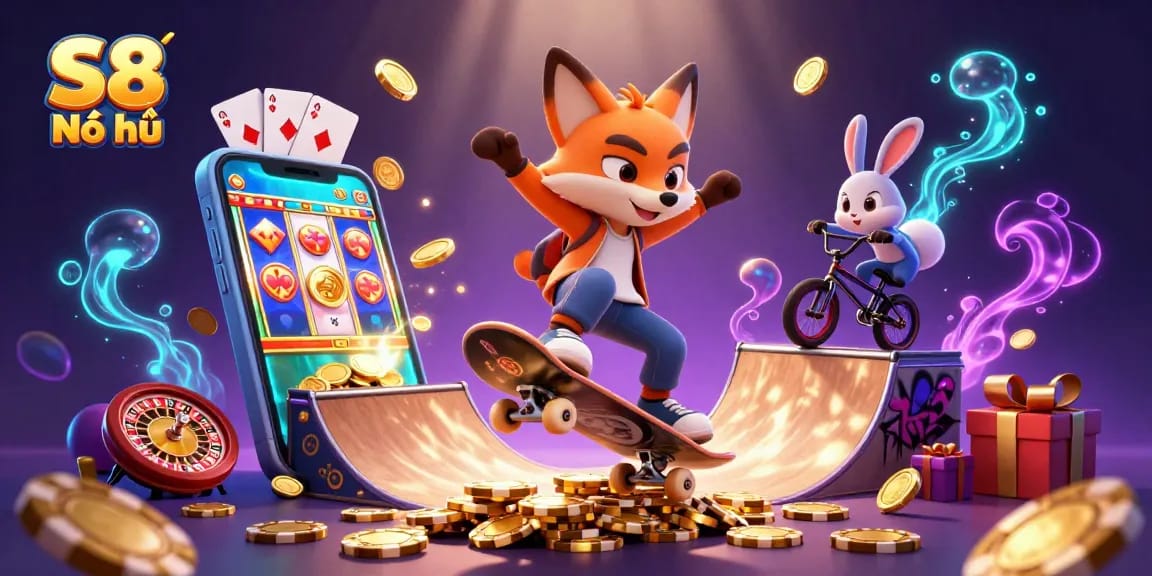 S8 Nổ hũ game illustration showcasing a skateboarder fox and BMX-riding rabbit amidst vibrant casino symbols and slot game excitement.