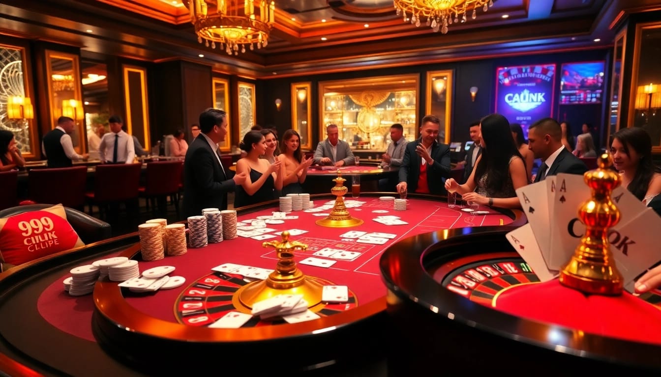 Experience the thrill of gambling at 99OK with luxurious casino visuals showcasing poker and roulette.