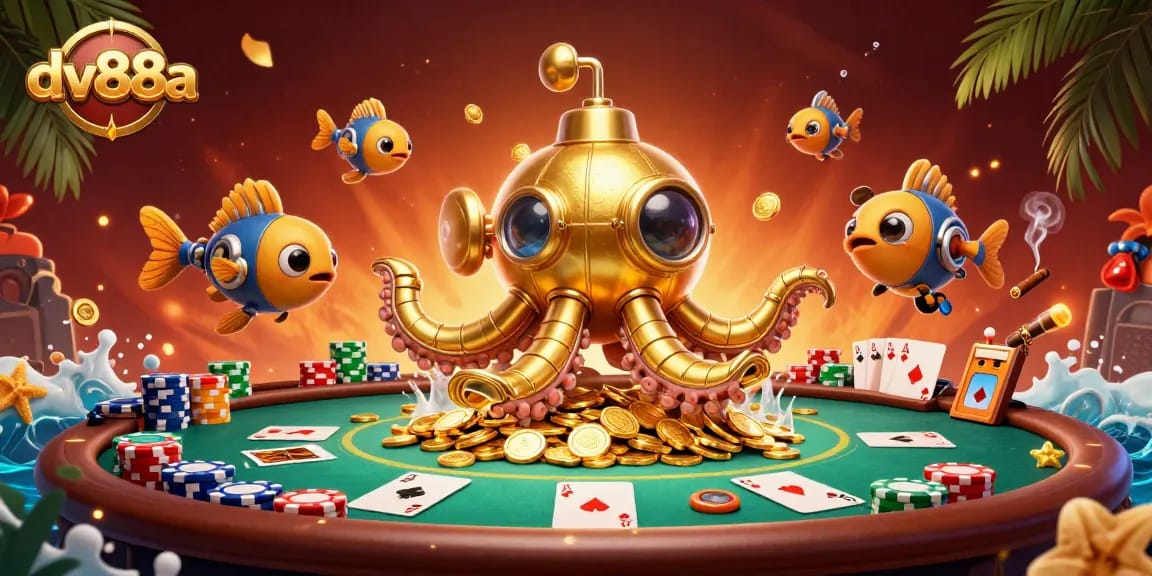 Engage in thrilling games with dv88a’s vibrant 3D underwater casino scene featuring a golden kraken.