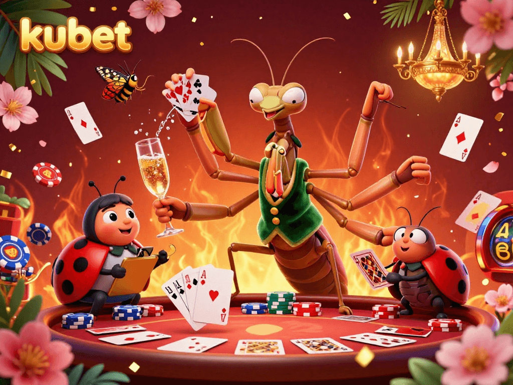 Experience the thrill of kubet with a vibrant casino scene featuring a giant praying mantis and lively game elements.