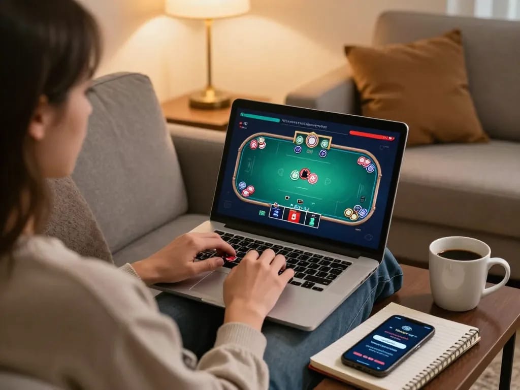 Player strategizing in a gem88 online poker game on a laptop while relaxing at home.